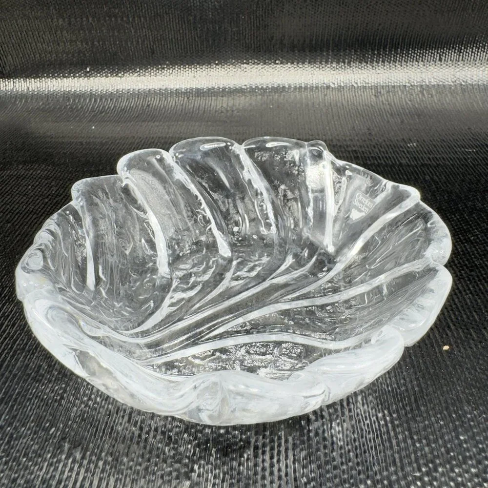 Orrefors Sweden EDEN Clear Glass Crystal‎ Dish Bowl Leaf Shaped W Sticker VTG